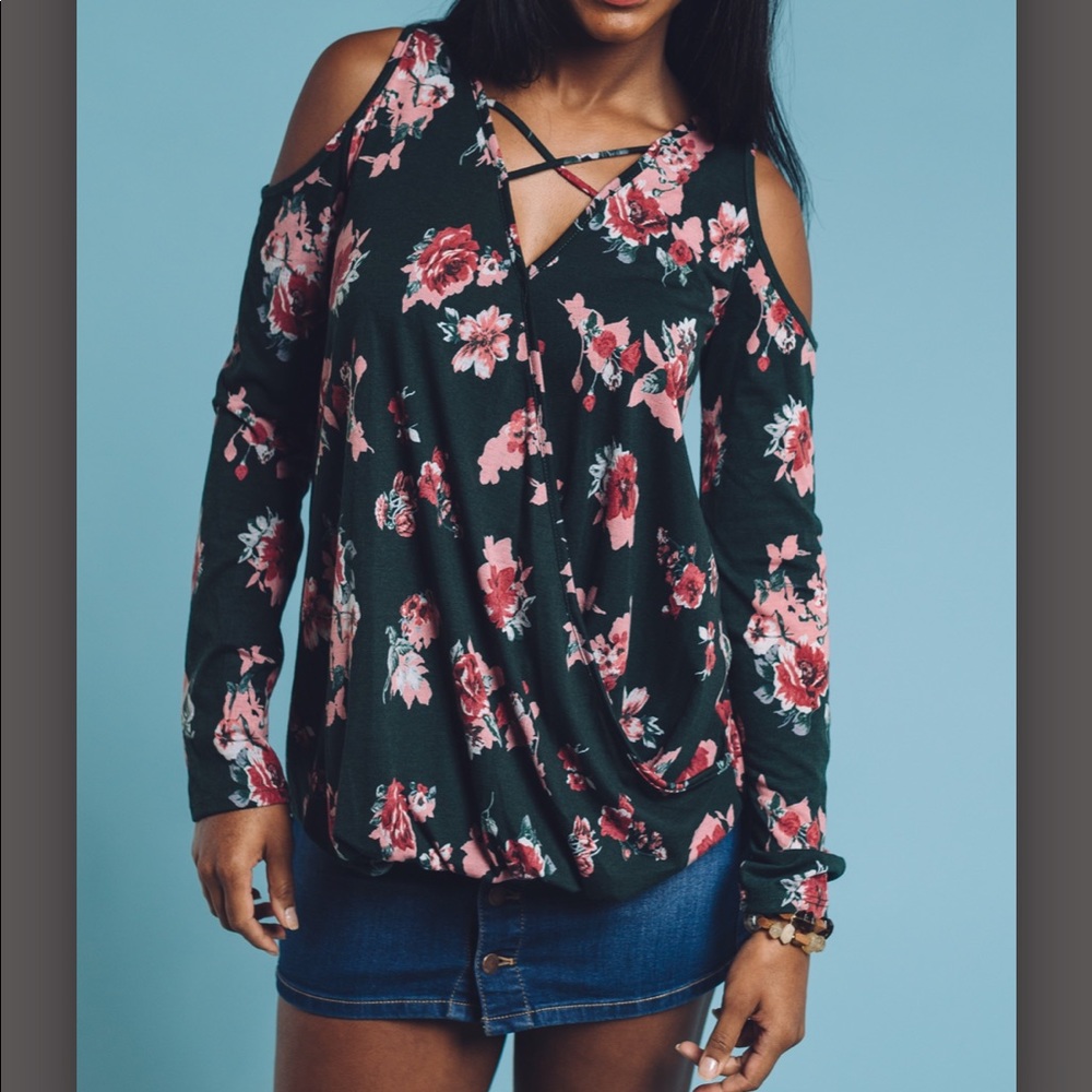 M T S green floral wrap cold shoulder blouse